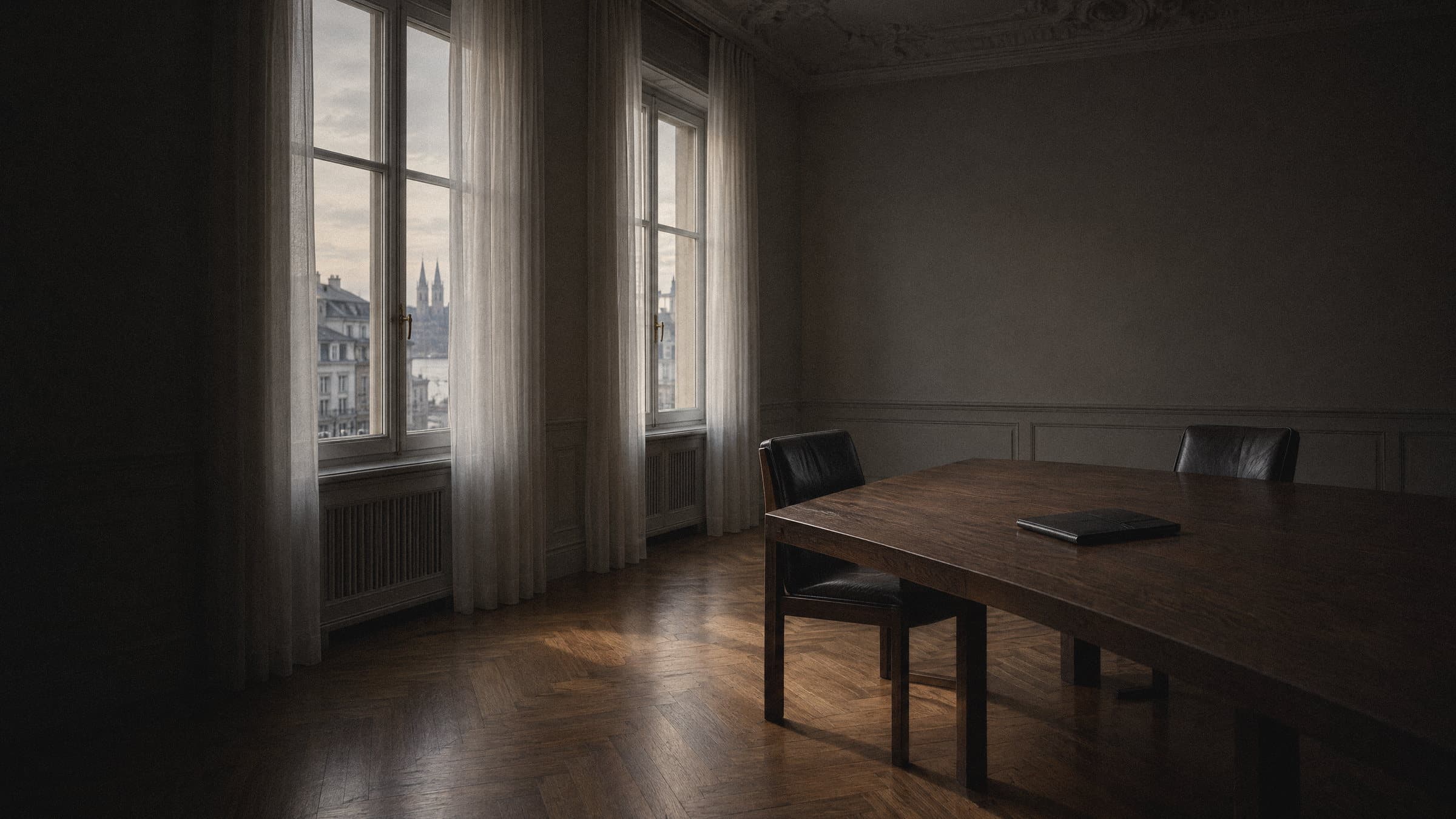Meeting room in a Zurich Altbau: oak table, tall windows, parquet
